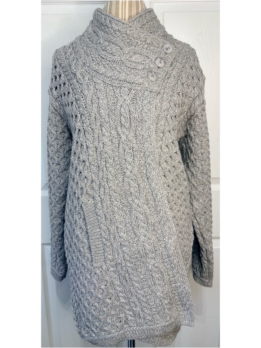 ARAN CRAFTS Ireland Gray Cable Knit 100% Wool Cardigan Sweater Large